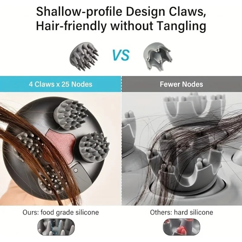 A comparison of shallow-profile design claws versus fewer nodes on a portable electric scalp massager.