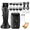 A black professional electric hair clipper grooming kit showing various sized cutting combs and the main body of the device.