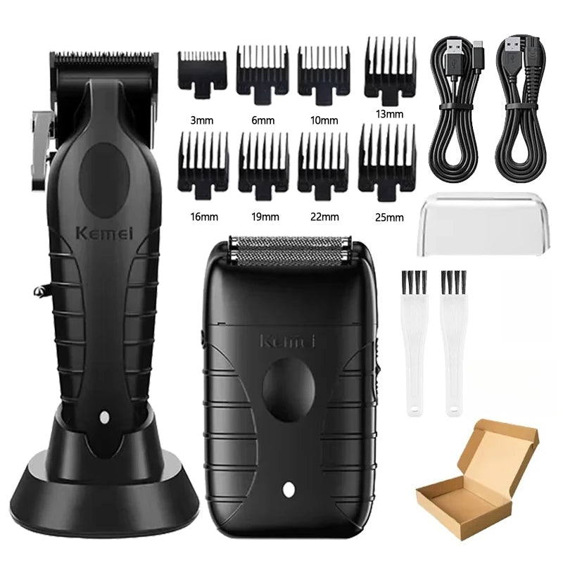 A black professional electric hair clipper grooming kit showing various sized cutting combs and the main body of the device.