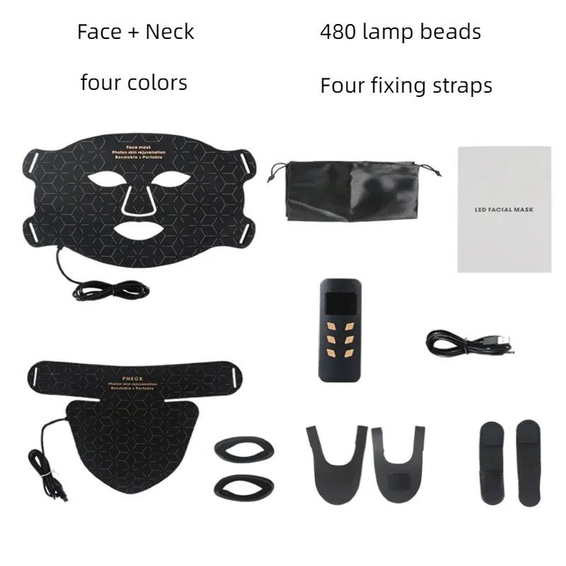A set of LED facial masks including a face mask, fixing straps, and various shapes for therapy.