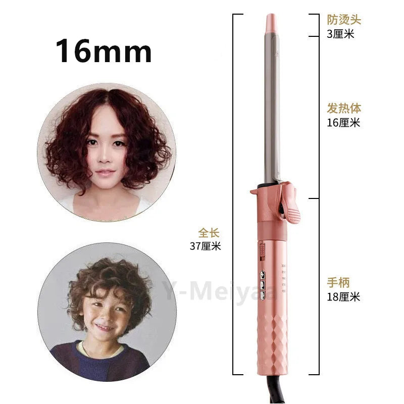 A professional ceramic hair curling iron with various barrel sizes shown alongside models demonstrating the curling results.