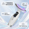 A white handheld massager with a purple light emitting tip, demonstrating 7 massage modes and EMS tightening features.