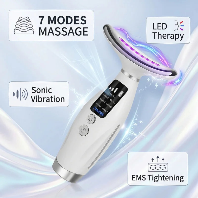 A white handheld massager with a purple light emitting tip, demonstrating 7 massage modes and EMS tightening features.