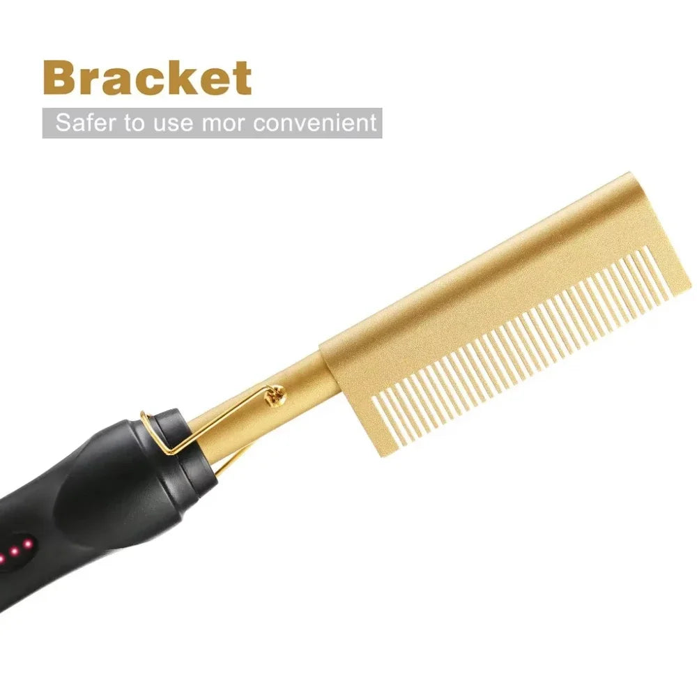A gold-colored ceramic hair straightener brush with a black handle and teeth visible.