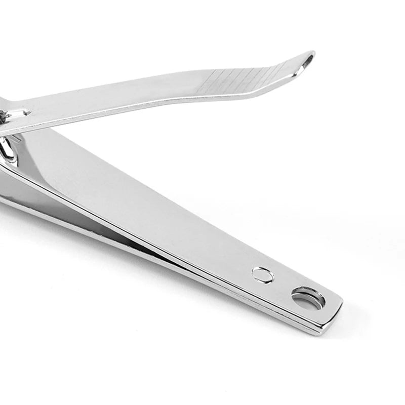 A silver stainless steel nail clipper with a curved cutting edge is shown against a white background.