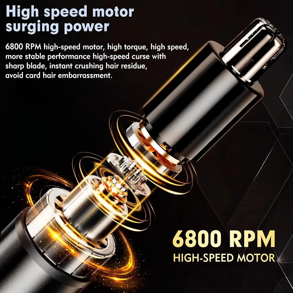 Close-up of a professional facial hair trimmer motor with high-speed spinning blades and metallic components.