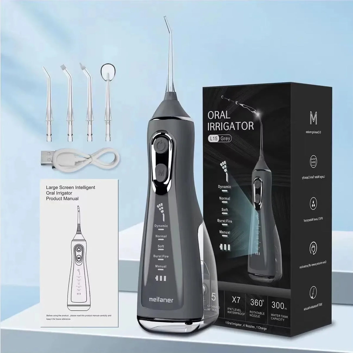 A black portable oral irrigator device is shown next to its packaging box and accessories.