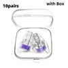 A pair of high fidelity silicone earplugs with a clear storage case shown open and closed.