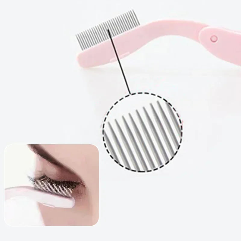 Peigne pliable en acier inoxydable rose avec section circulaire à dents fines pour le maquillage des cils et des sourcils.