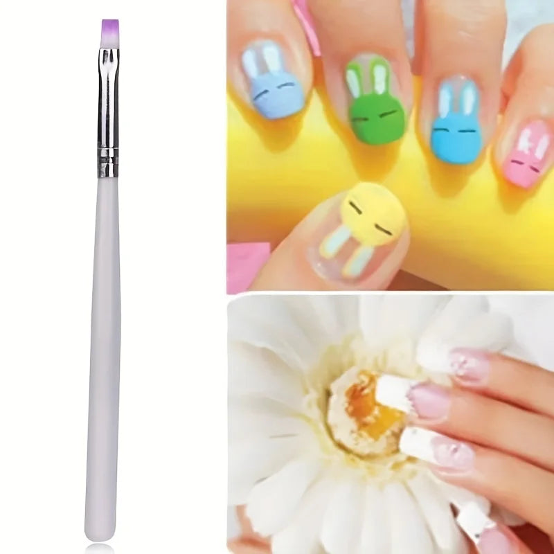 Un ensemble de pinceaux de gel pour ongles avec diverses extrémités colorées et un manche, à côté d'une fleur.