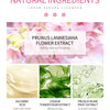 Natural ingredients for a Japan Sakura cleanser featuring prunus lannesiana flower extract, ascorbic acid, codium tomentosum 