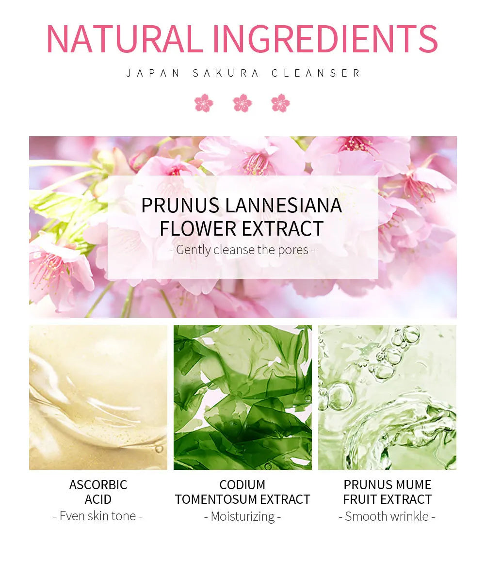Natural ingredients for a Japan Sakura cleanser featuring prunus lannesiana flower extract, ascorbic acid, codium tomentosum 