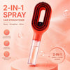 An orange hair straightener tool with a comb attachment and spray bottle shown against a pink background.