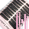 A pink kit containing lash extensions and tools for DIY lash application.