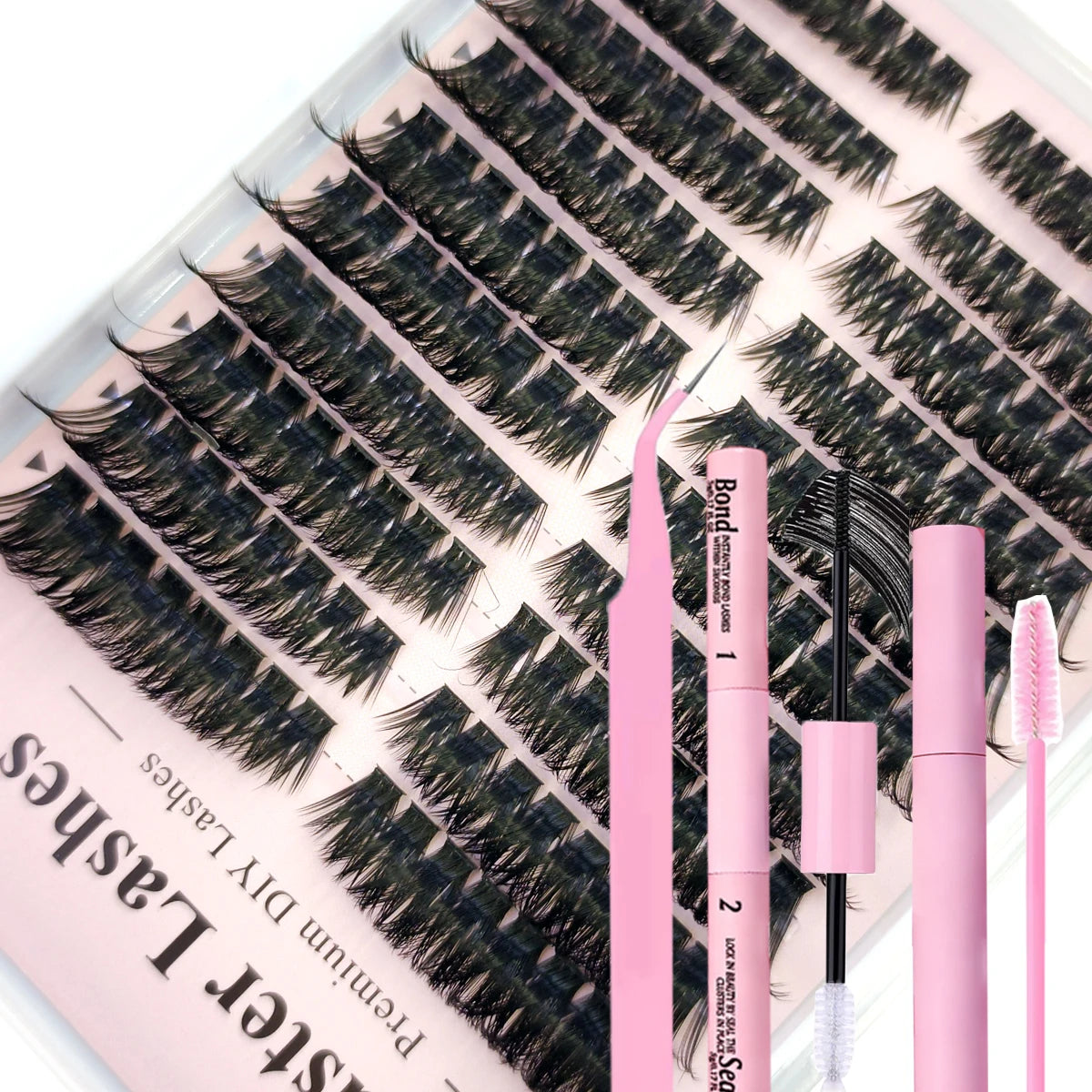 A pink kit containing lash extensions and tools for DIY lash application.