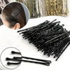 A collection of black metal U-shaped hair pins for styling, shown with a close-up of a single pin.