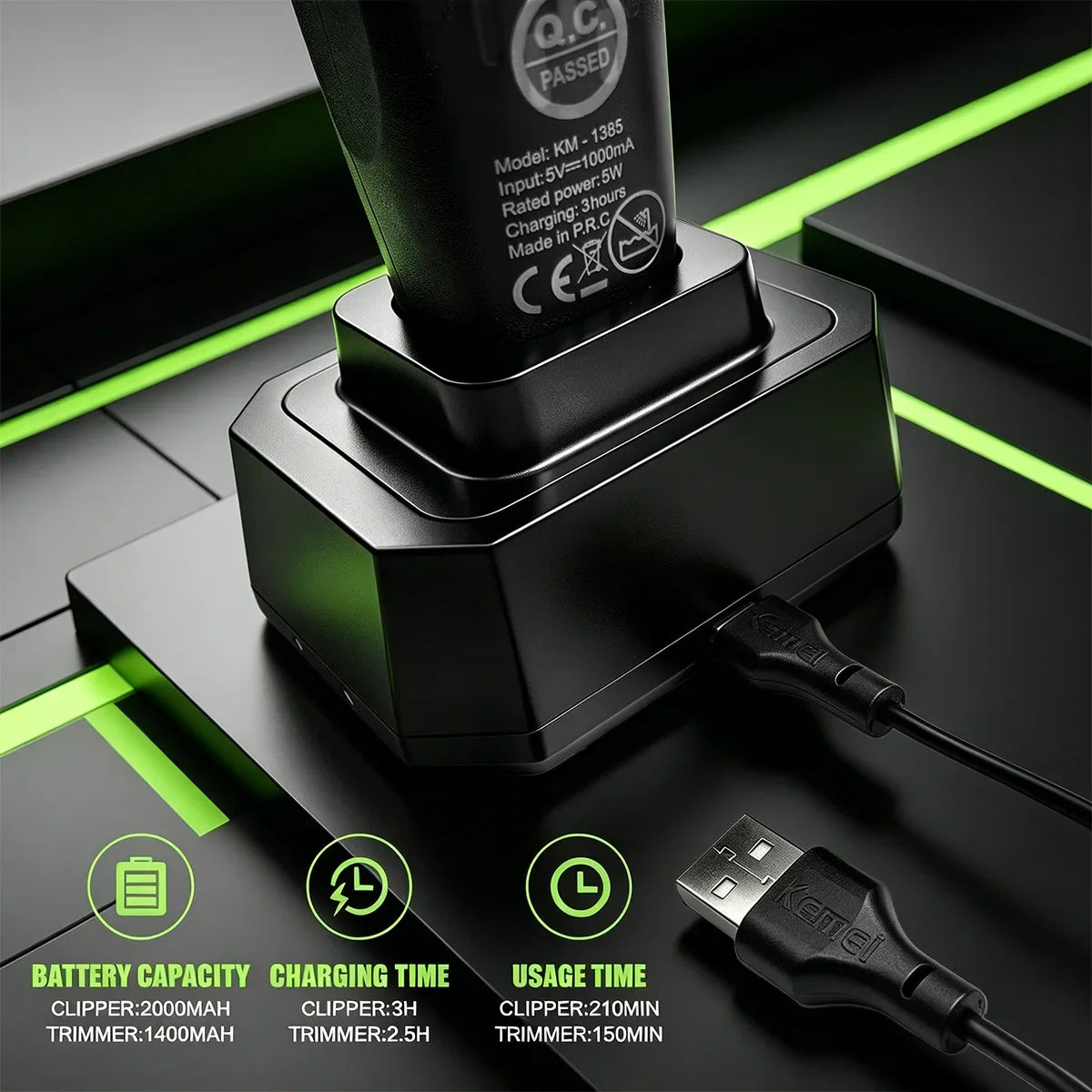 A black professional LED hair clipper trimmer with a charging base and power cable is shown on a dark surface.