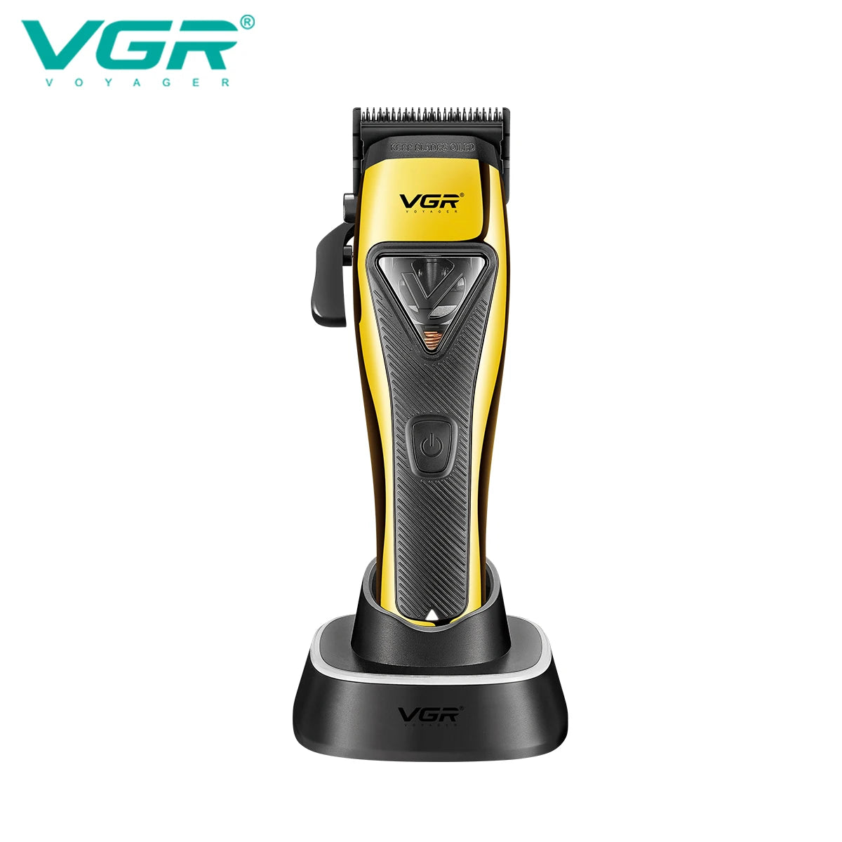 A yellow and black VGR professional rotary hair clipper with a textured guard.