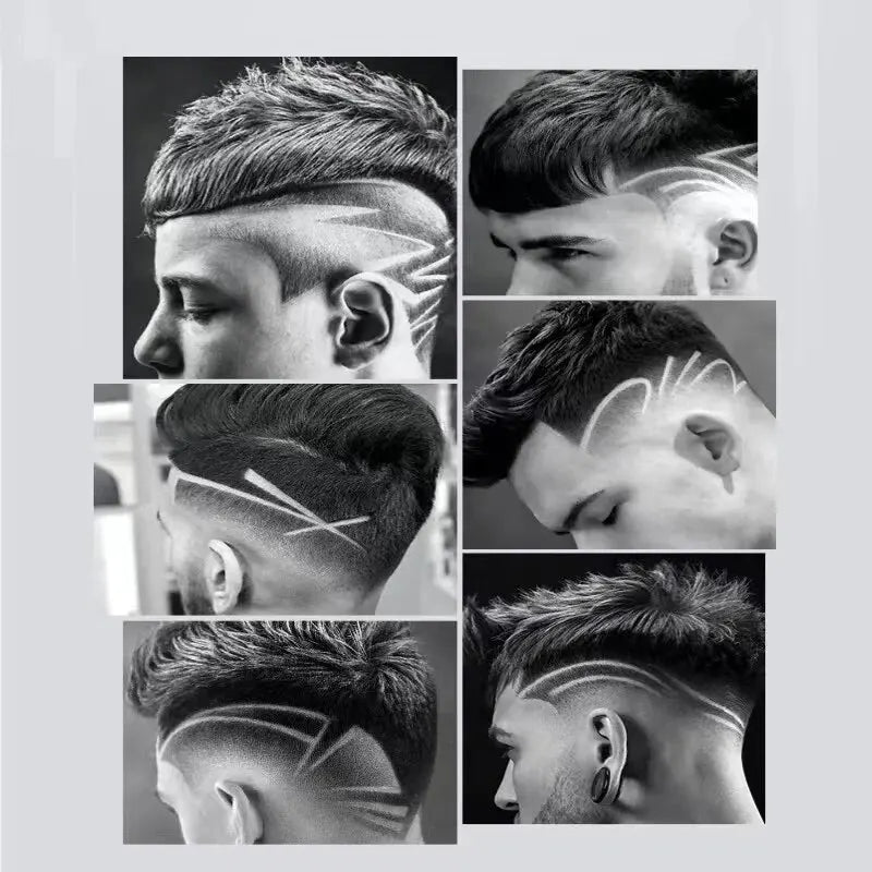 A collage showing various angles of a haircut or grooming style on a male head.