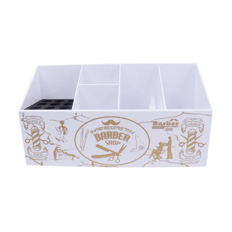 White plastic hairdressing scissors stand case with compartments for tools