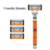 A single handle manual razor with three blades and an orange grip.