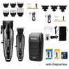A collection of Kemel electric hair clippers and attachments with manual combs shown in various configurations.
