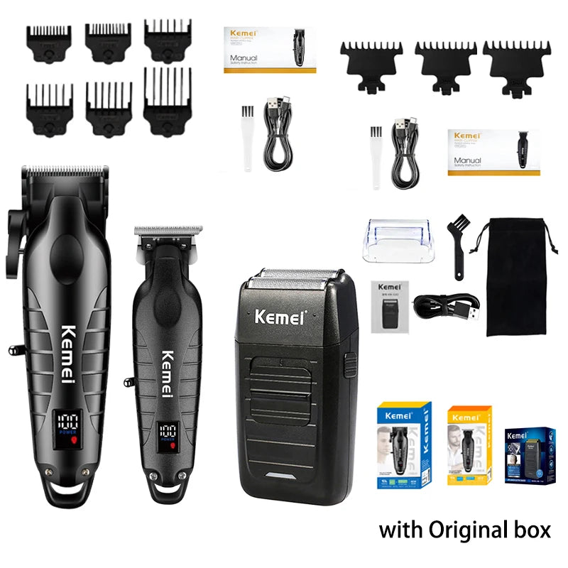 A collection of Kemel electric hair clippers and attachments with manual combs shown in various configurations.
