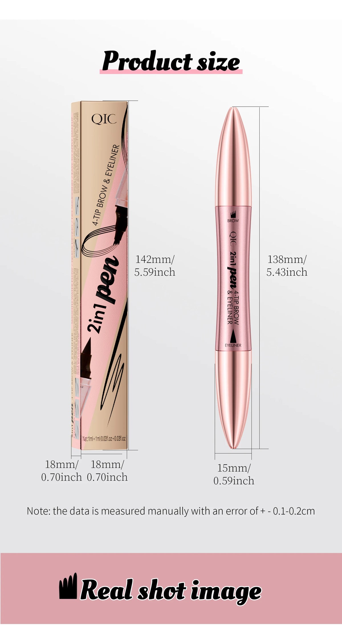 A vertical product size diagram showing the dimensions of a 2in pen eyeliner and eyebrow pen.