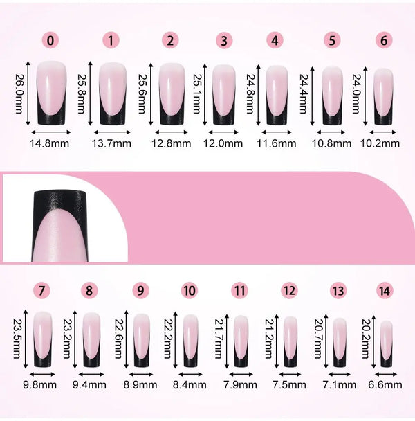 Exhibición de uñas postizas de diferentes longitudes en rosa y negro, numeradas del 0 al 14.