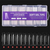 Boîte en plastique transparent contenant 240 pointes de gel souple extra longues pour ongles press-on, organisées par taille 