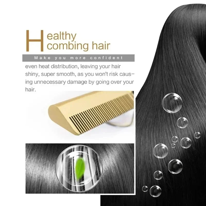 A gold-colored electric hair straightener and curler is shown next to dark hair, demonstrating its use for smoothing and styl