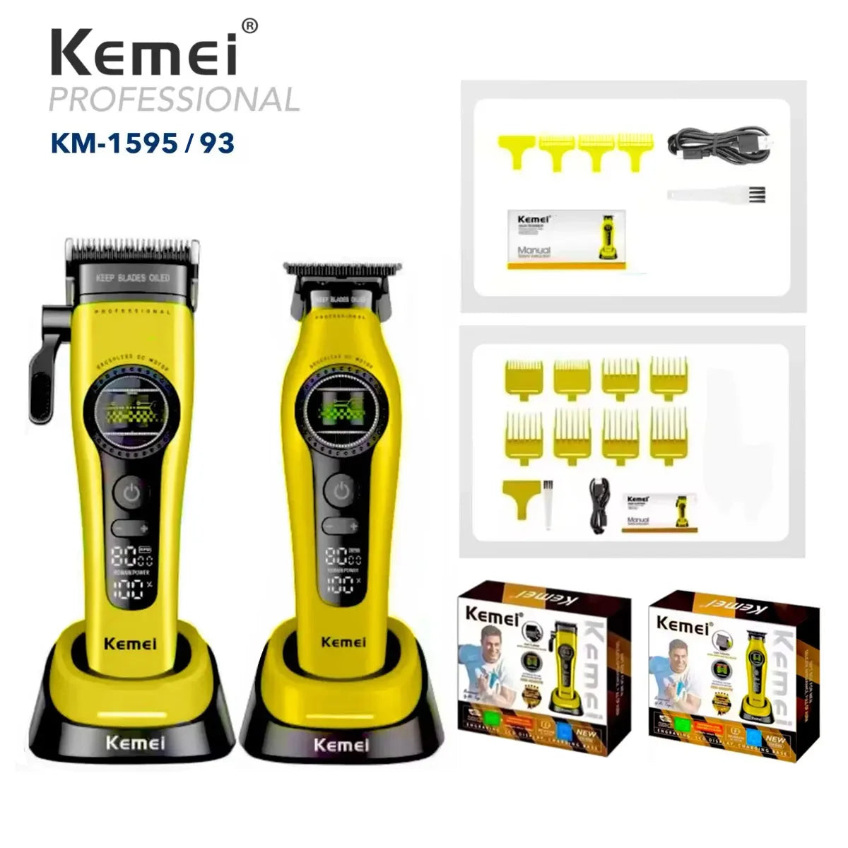 Yellow Kemei KM-1595/93 professional electric hair clipper and accessories