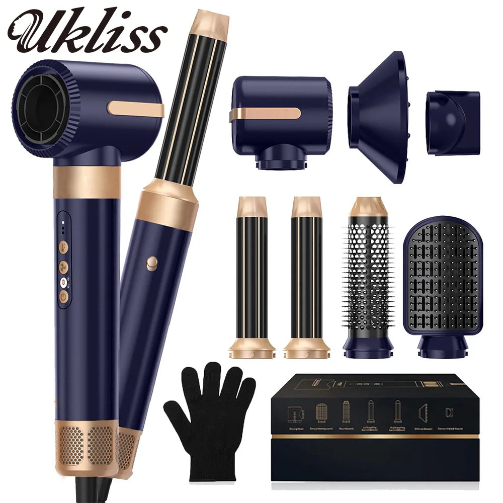 A collection of Ukliss hair styling tools including a dryer brush, curling iron, and straightener set.