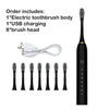A set of an electric toothbrush including the body, USB charging cable, and eight brush heads.