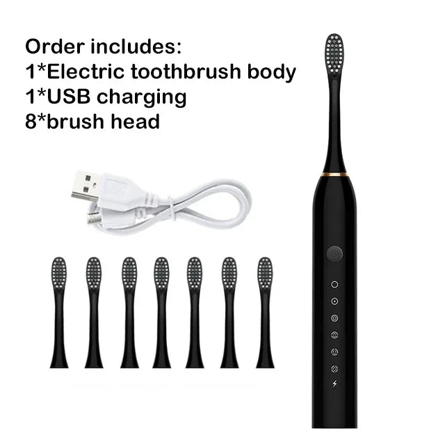 A set of an electric toothbrush including the body, USB charging cable, and eight brush heads.