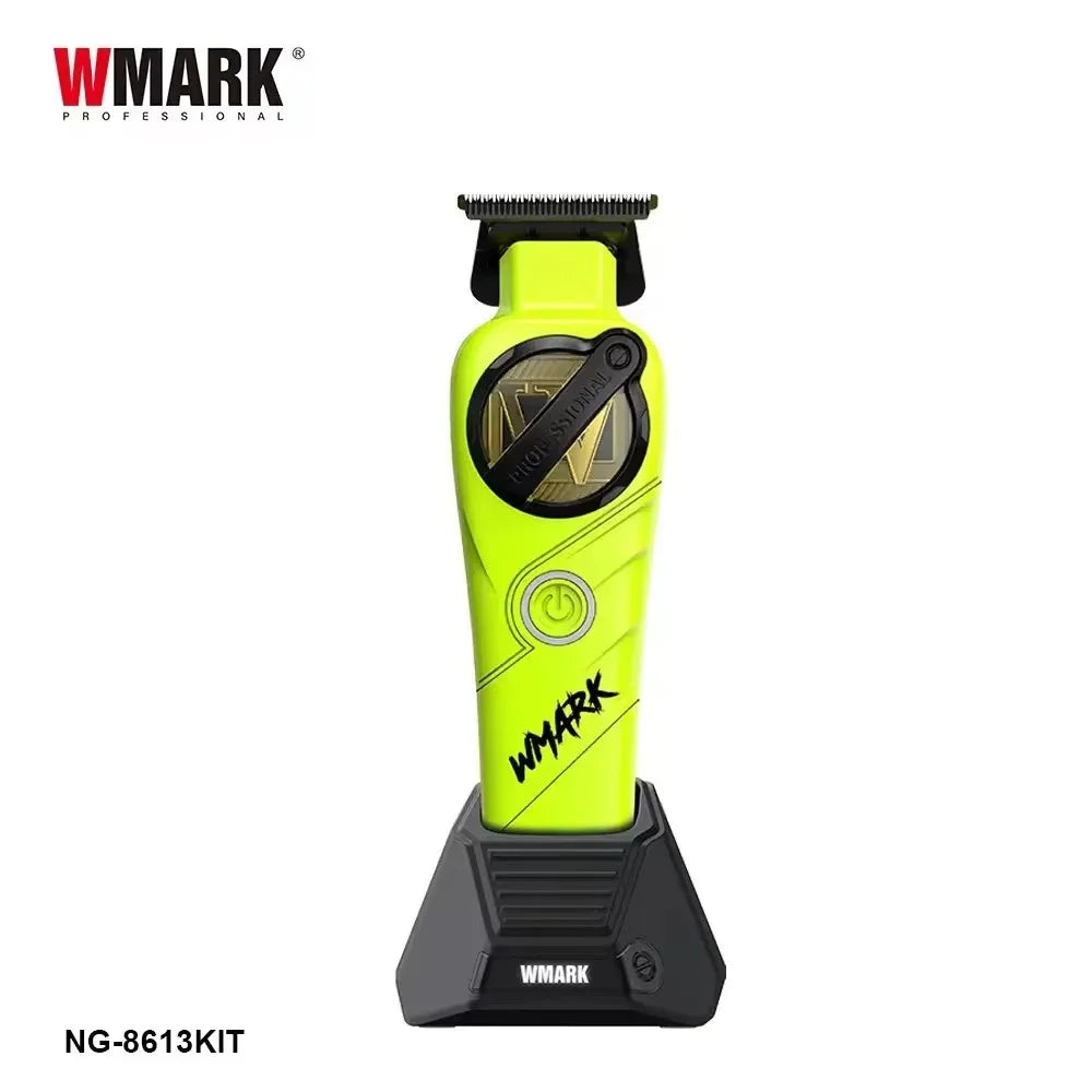 Yellow WMARK professional cordless hair trimmer kit with black base and attachment.