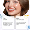 A woman smiling, showing teeth, with text highlighting quick effect and mild ingredients for natural teeth whitening strips.