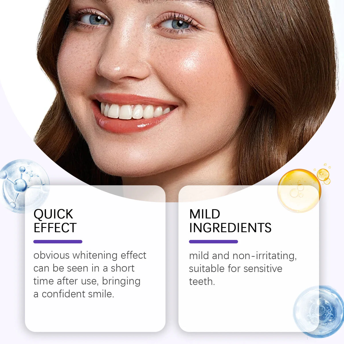 A woman smiling, showing teeth, with text highlighting quick effect and mild ingredients for natural teeth whitening strips.