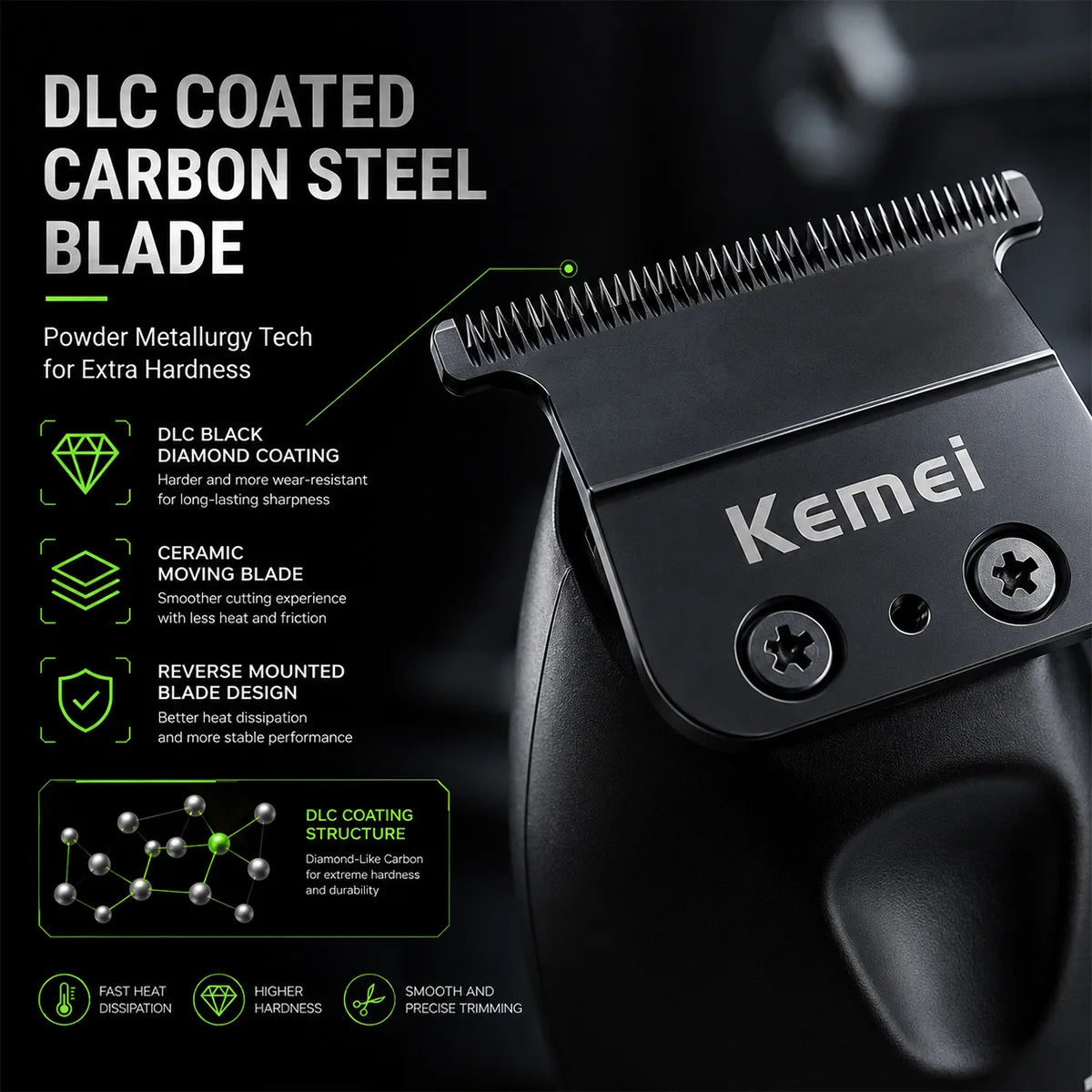 Close-up of a black DLC coated carbon steel blade for an electric hair trimmer.