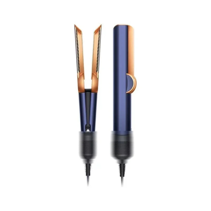 A professional hair straightener and dryer tool in a metallic gold and blue finish.