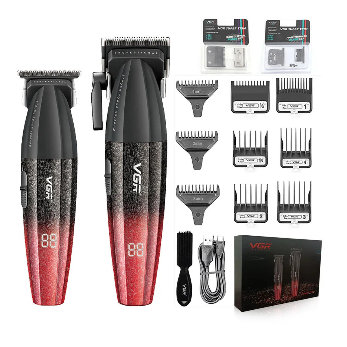 Set professioneller Haarschneider und Trimmer mit verschiedenen Aufsätzen und Zubehör auf schwarzem Hintergrund