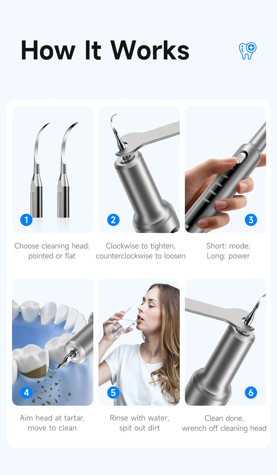 Instructions for using an electric ultrasonic dental scaler, showing steps from choosing the head to cleaning and removing it