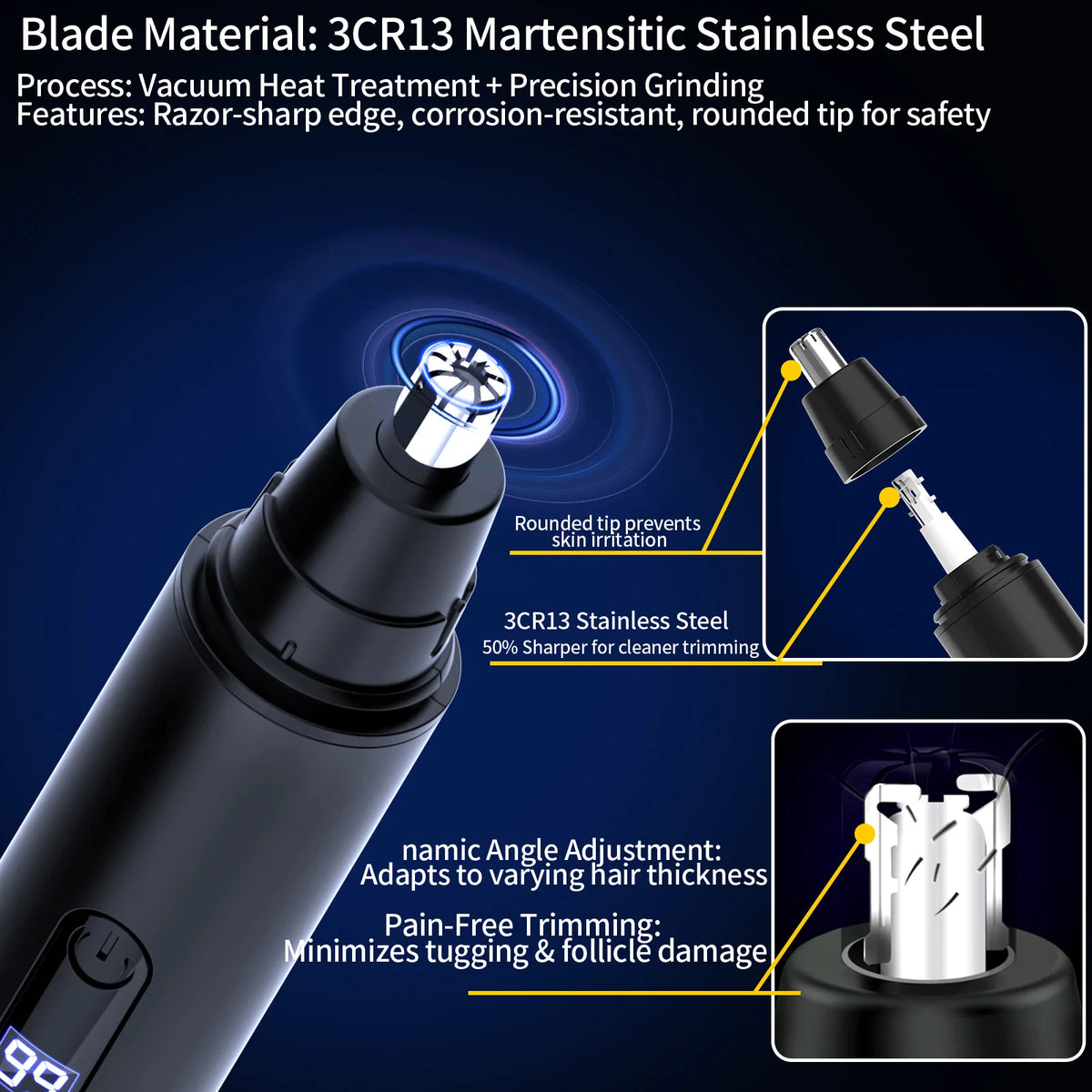 Close-up of a black electric nose hair trimmer with a stainless steel rounded tip for precision grooming.