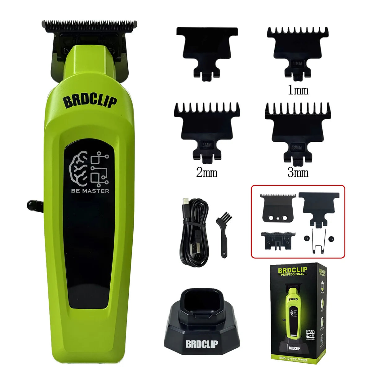 A green electric hair clipper with various attachments and accessories shown for grooming.
