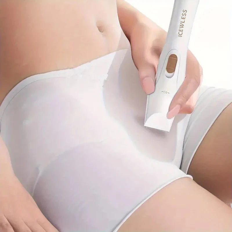 A hand is using an Iceless hair and eyebrow trimmer on a person's thigh area.