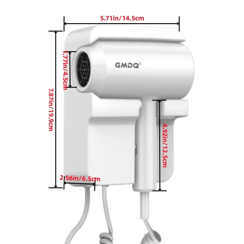A white professional wall-mounted hair dryer with a detachable cord and nozzle.