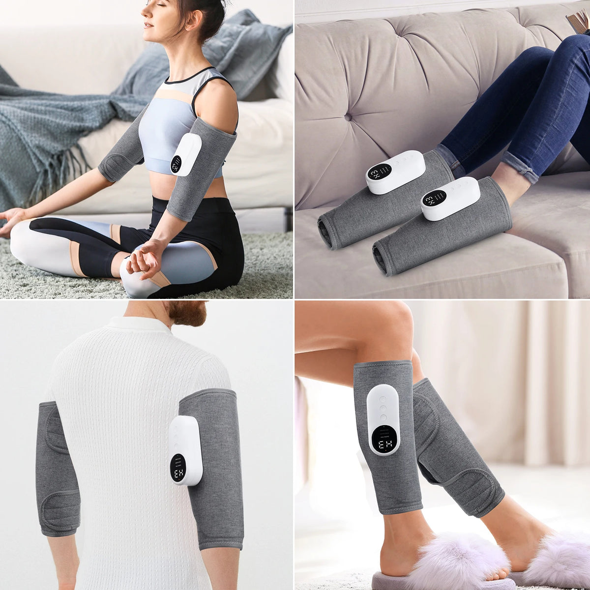 Ein Set elektrischer Bein-Massager mit Luftdruck und Vibration auf dem Arm und Bein einer Person.