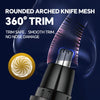Close-up of a rounded arched knife mesh trimmer being used on hair, showing the trim process.