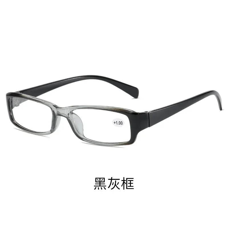 A pair of black-framed reading glasses with clear lenses.