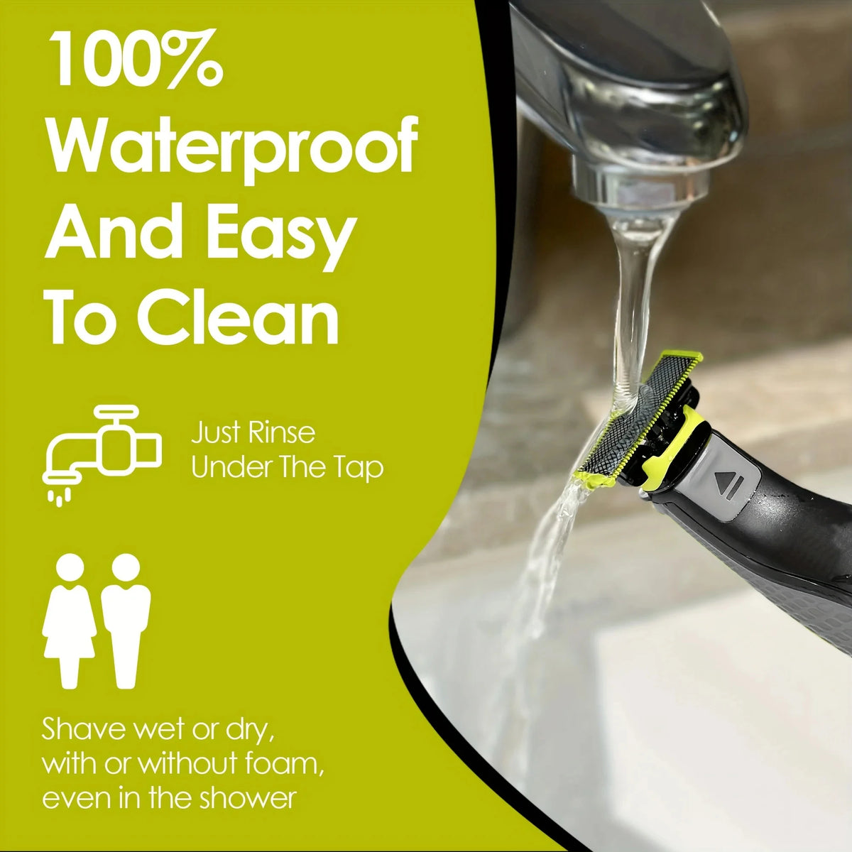 A close-up of a grooming tool rinsing under a tap, demonstrating its waterproof and easy-to-clean features.